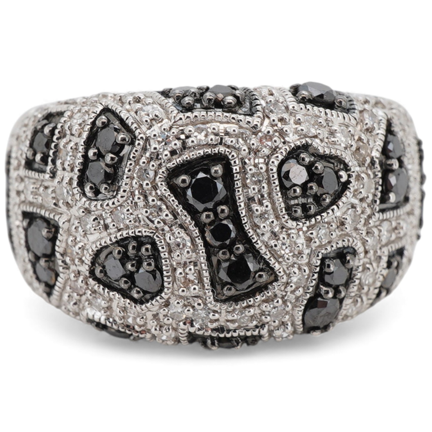 A recent 9ct white gold and two colour diamond cluster set dress ring, of abstract design, size N/O, gross weight 7.6 grams.